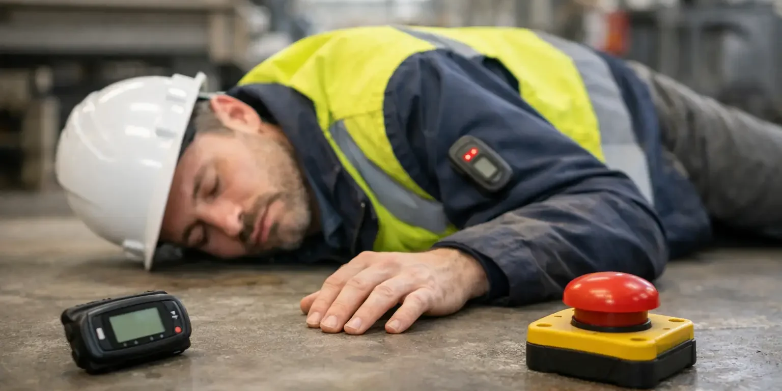 5 manieren om lone workers te beveiligen Industrial worker in a hard hat and high-visibility vest lying on the factory floor, with a red emergency stop button and a handheld device nearby.
