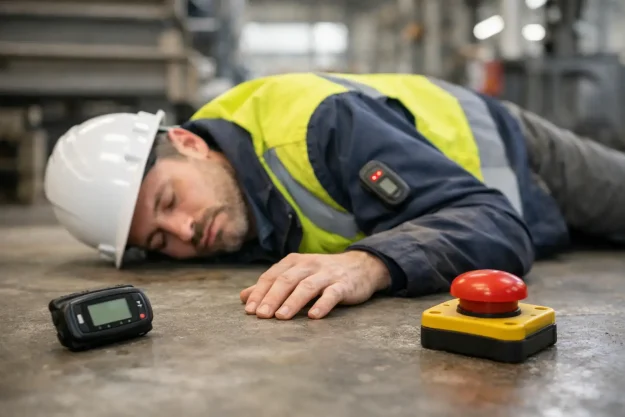 Industrial worker in a hard hat and high-visibility vest lying on the factory floor, with a red emergency stop button and a handheld device nearby.