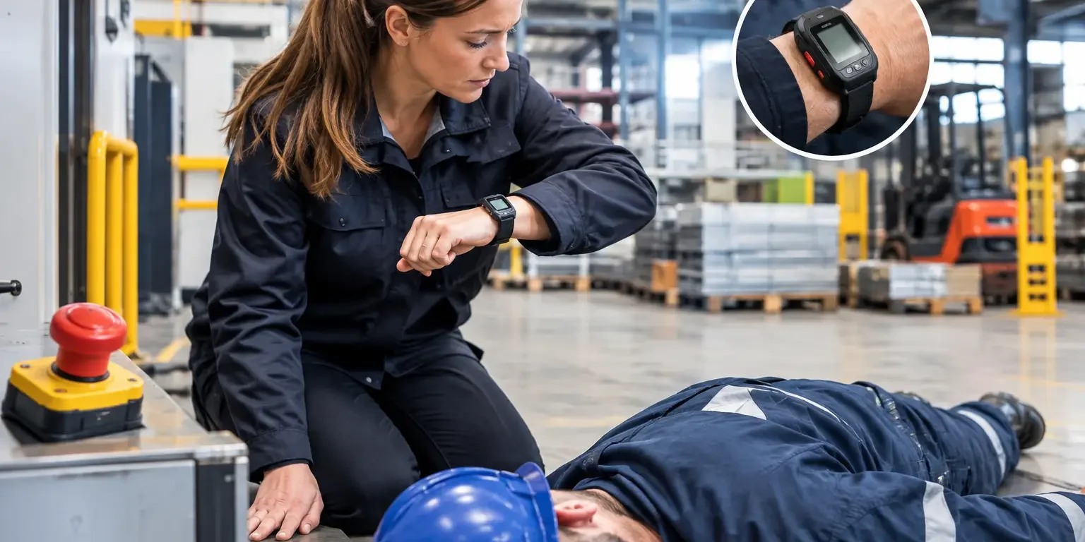 Beste alarmering voor industriële hallen Woman kneeling beside a man lying on the factory floor, checking her watch during a medical emergency drill in a warehouse.