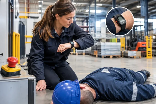 Woman kneeling beside a man lying on the factory floor, checking her watch during a medical emergency drill in a warehouse.